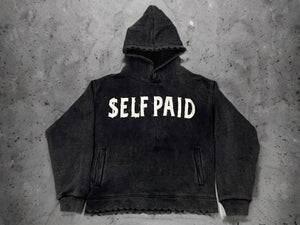 Distressed $ELF PAID boxy hoodie